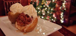 Baked Pear with Walnut, Cherry & Coconut Filling at Misters Bistro in Webb