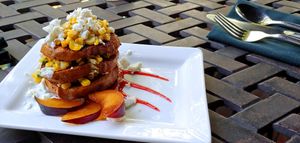 Sweet Potato Stack with Corn Salsa, Plum Reduction and Chevre (Vegetarian) at Misters Bistro in Webb
