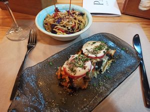Musaka and vegetables wok (both tapa size) at Bar Pasaje de Oriente in Sevilla