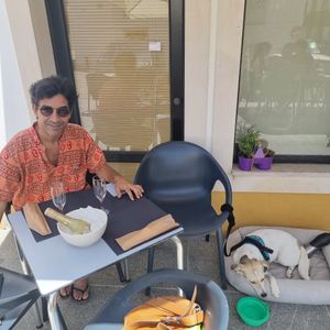 Sundy a dormitar na esplanada at Veg & Tal in Sines