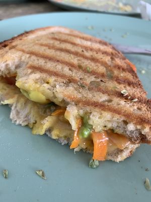 Vegan cheese, avocado, tomato, carrot and mustard toasty.  at Veg & Tal in Sines