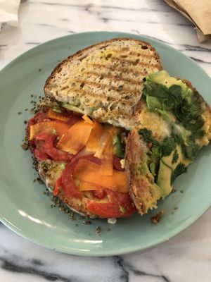 Vegan cheese toast with veggies, avocado, mustard,... yummm!!! at Veg & Tal in Sines