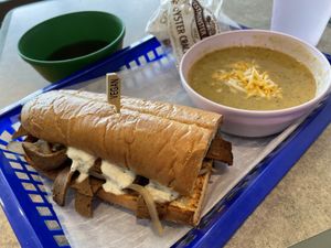 Small French dip with broccoli cheddar soup  at Honest Pastures in Virginia Beach