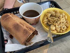 French dip with a side of Mac and Cheese  at Honest Pastures in Virginia Beach