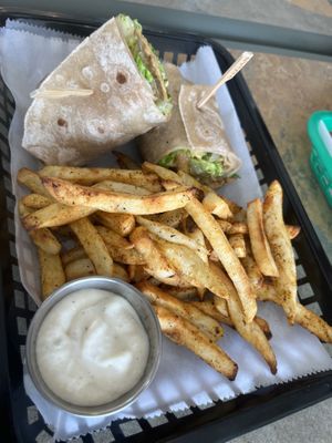 Gf Philly cheese steak with seasoned fries and tatziki dip   at Honest Pastures in Virginia Beach