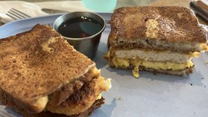 “Chicken, egg, and cheese” all between French toast.   at Honest Pastures in Virginia Beach