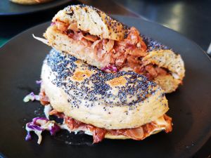 BBQ Jackfruit Bagel at Charlie's Coffee Bar in Hilton