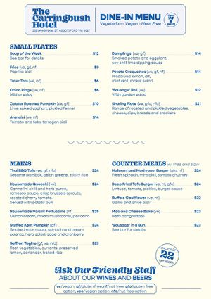 Dine in menu 1 / 2 at The Carringbush Hotel in Abbotsford