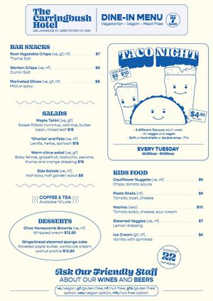 Dine in menu 2 / 2 at The Carringbush Hotel in Abbotsford