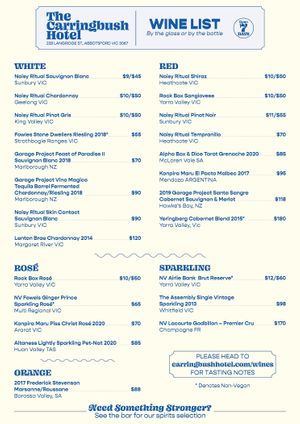 Our current wine list at The Carringbush Hotel in Abbotsford
