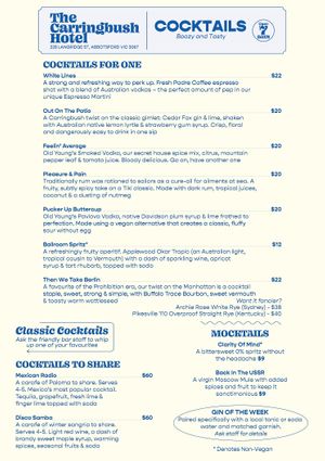 Our current cocktail list at The Carringbush Hotel in Abbotsford