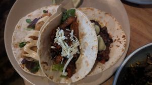 Tempura fish w/miso mayo+shiso salad; Steak fajita w/cheese +shredded cos; Pumpkin+habanero black beans w/cumin rice+avo, $5.00 each at The Carringbush Hotel in Abbotsford