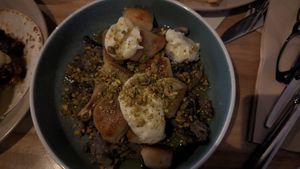 Gnocchi w/chickn +mushroom ragout, parsnip cream, pistachios+sage $26.00 at The Carringbush Hotel in Abbotsford