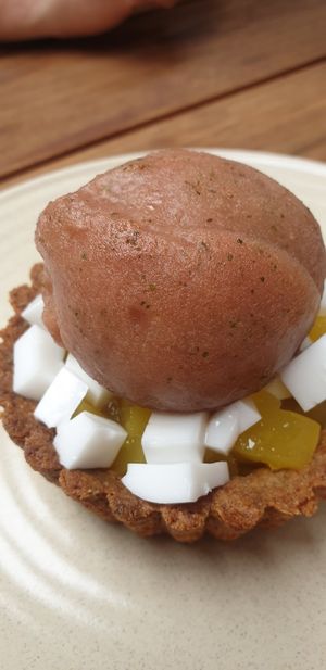 Mango coconut tart with lemon sorbet at The Carringbush Hotel in Abbotsford