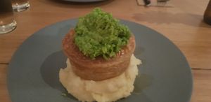 Creamy Mushroom Pie with mash potatoes and mushy peas at The Carringbush Hotel in Abbotsford
