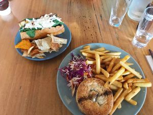 Meatball sub special on left and peppersteak pie and chips on the right at The Carringbush Hotel in Abbotsford