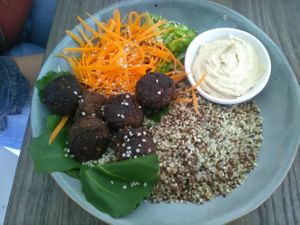 Nourish Me bowl with falafel, quinoa, hummus and salad. at The Jozi Green Eatery in Sandton