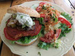 Vegan soy burger at Coco Calala in Leon