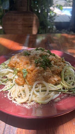 Lentils and zucchini pasta.  at Coco Calala in Leon