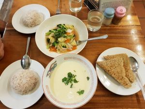 Potato soup and stir-fried veg w/ rice at Tevy's Place in Siem Reap