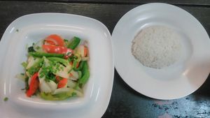 Stir fry vegetables, served with rice at Tevy's Place in Siem Reap