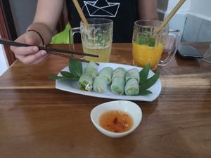 fresh spring rolls and papaya & passion fruit shake :) at Tevy's Place in Siem Reap