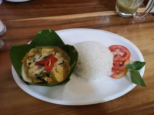 Fish amok (Vegan option with tofu) at Tevy's Place in Siem Reap