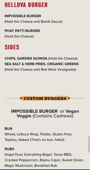 Vegan menu   at Burgatory in Homestead