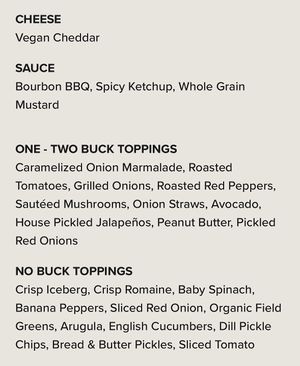 Vegan menu  at Burgatory in Homestead