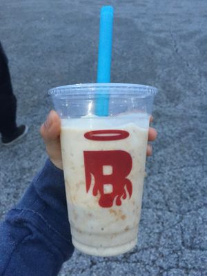 Vegan peanut butter shake to go. I tried using my reusable straw, but the shake was too thick (which I like!) at Burgatory in Homestead