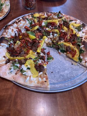 Ital Vibes pizza with impossible sausage added  at Hand Fire Pizza in Jackson