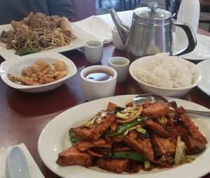 Homemade style tofu (vegan), steamed rice, hot Jasmine tea, and crispy noodle appetizers. at Szechuan Restaurant in Santa Barbara