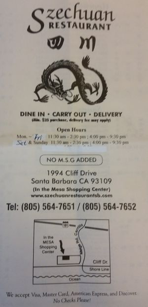 Menu with Info. at Szechuan Restaurant in Santa Barbara