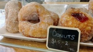 Vegan Cinnamon doughnuts: plain and jam-filled at Three Birds Bakery in Kew