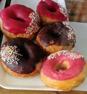 Iced doughnuts  at Three Birds Bakery in Kew