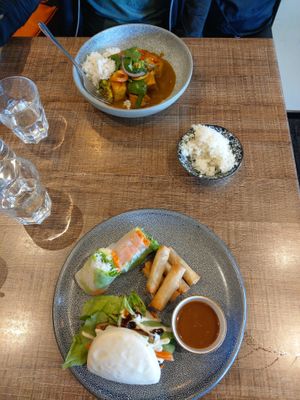 Green curry and a veg platter  at Green Bamboo in Nelson
