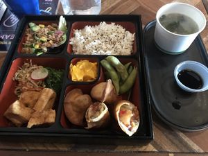 Vegan bento box, including miso  at Sushi Soldier Eightgrains  in Christchurch
