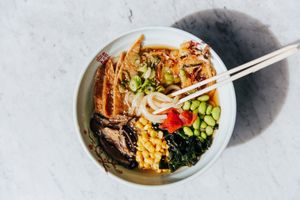 Vegetarian Ramen (Wakame Seaweed, Shiitake Mushroom, Bok Choy, Sweet Corn, Pickled Mustard Leaves in Vege Broth) at Sushi Soldier Eightgrains  in Christchurch
