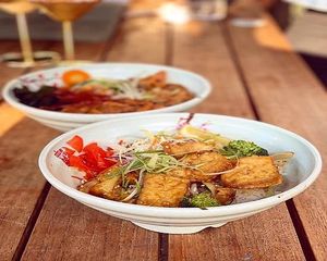 Teriyaki Tofu Donburi (Fried Tofu and vegetables stir fried on rice with slaws, teriyaki sauce and mayo.) at Sushi Soldier Eightgrains  in Christchurch