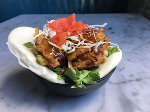 Vegan bao with tempura vege at Sushi Soldier Eightgrains  in Christchurch