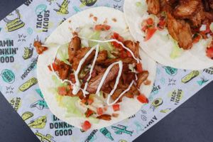 soft tacos with vegan chicken.  at Donki in Brussels