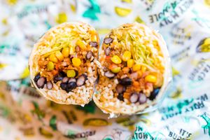 burrito with rice, chili sin carne, black beans, corn salsa, lettuce, cheese and sour cream.  at Donki in Brussels