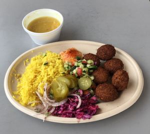Falafel plate with lentil soup at Naf Naf Grill in Eagan