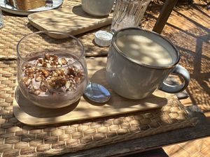 Chocolate mousse & oat latte   at Balance Cafe in Portimao