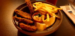 Fish and chips with tartar sauce at Kong - Food Made With Compassion in Lisbon