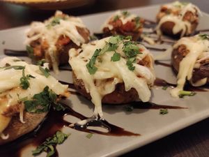 Mushrooms with bacon and Mozzarella at Kong - Food Made With Compassion in Lisbon