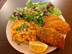 Fried “fish” with Portuguese tomato rice  at Kong - Food Made With Compassion in Lisbon