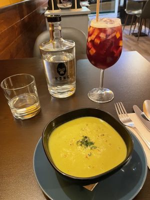 Pea and carrot soup, sangria  at Kong - Food Made With Compassion in Lisbon