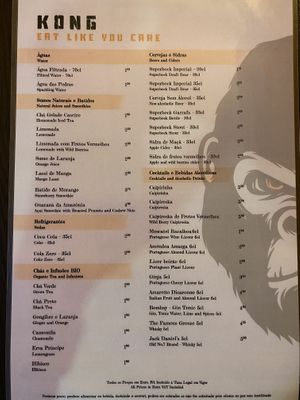 Drink menu at Kong - Food Made With Compassion in Lisbon