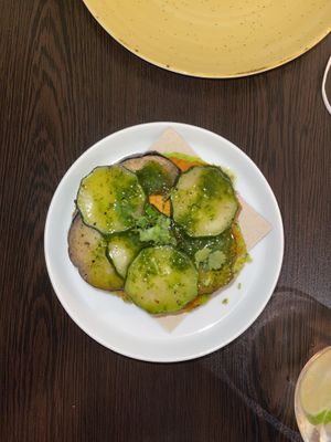 Bruschetta- red pesto, green pesto, courgette and aubergine  at Kong - Food Made With Compassion in Lisbon